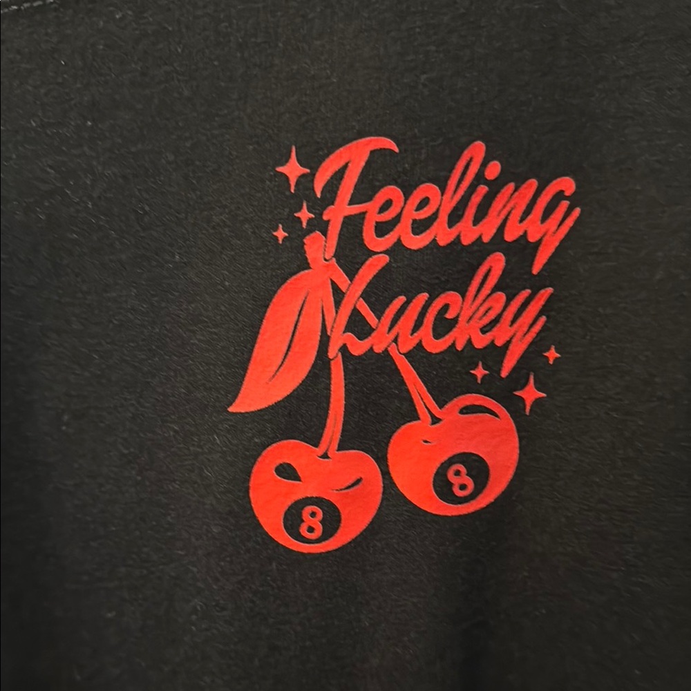 Black Tee with Red Cherry Design "Feeling Lucky" Various Sizes NWOT Graphic T